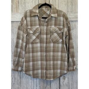Altar’d State Womens Beige Plaid Shacket Flannel Small Front Pocket